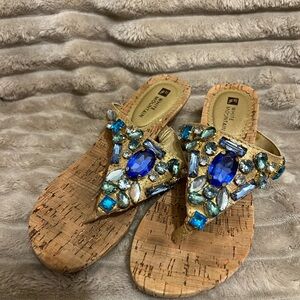 White Mountain Gold Cork Gemstone Slide Sandals with Blue Accents